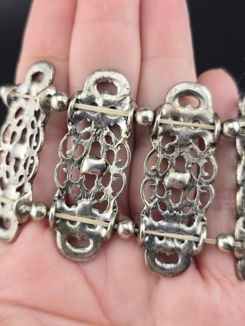Gold and silver tone filigree Stretch Bracelet Rhinestone 6.25"- larger - Picture 7 of 8